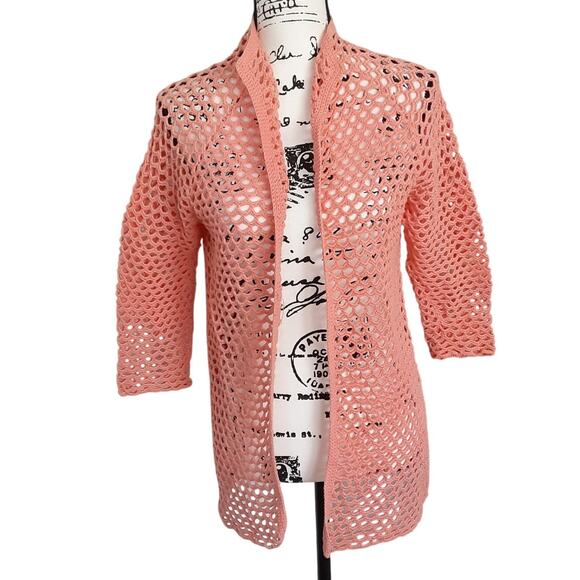 Vintage 1930s Crochet Cardigan Sweater Pink Bed Jacket Caftan Hollow Out Knit - Picture 4 of 9